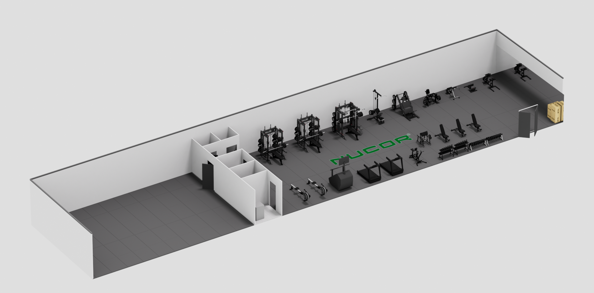Industrial office custom commercial gym 3D design and equipment layout, rendered in Cinema 4D and Octane