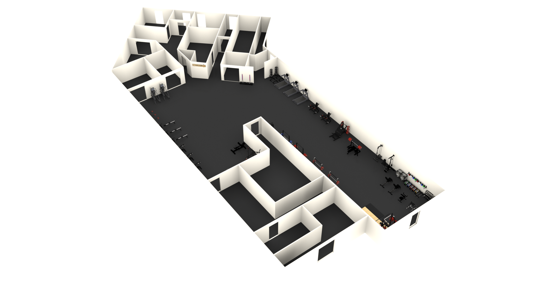 Large facility commercial gym 3D design and equipment layout, rendered in Cinema 4D and Octane