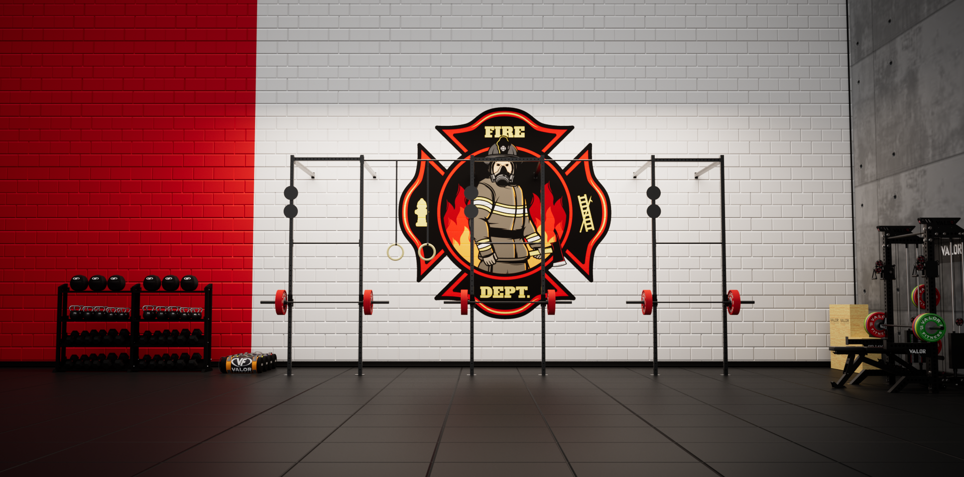 Fire Rescue Public safety & Training Facility gym 3D design and custom equipment layout, rendered in Cinema 4D and Octane