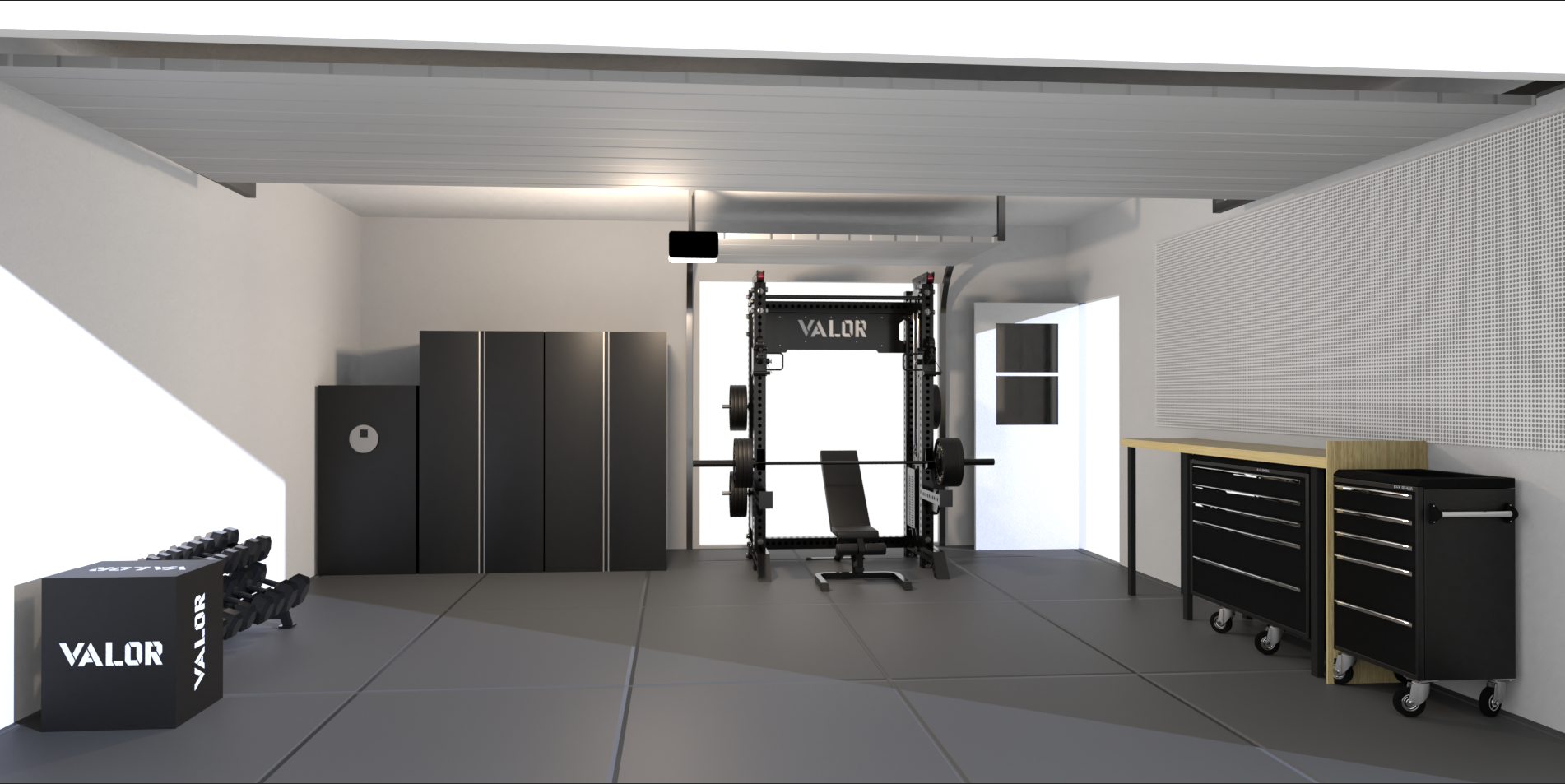 Custom garage home gym 3D design and custom equipment layout, rendered in Cinema 4D and Octane