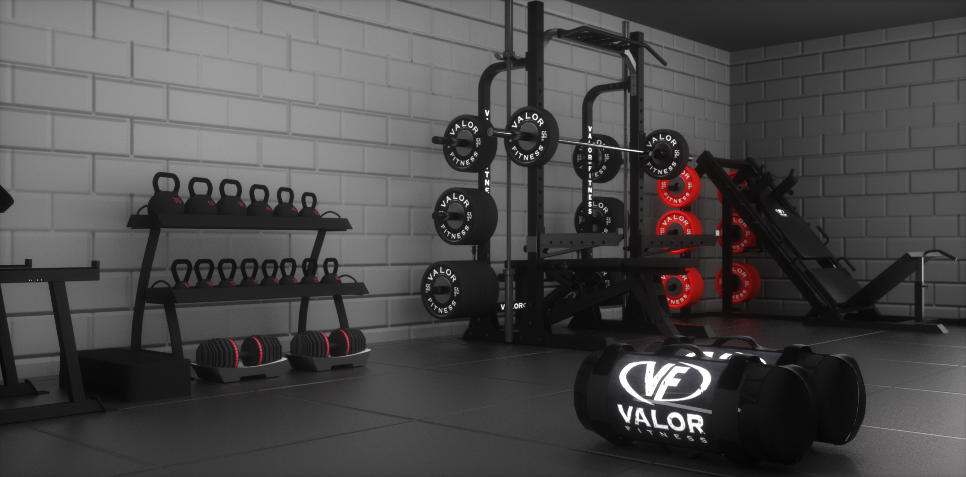 Custom Fire Rescue Public safety & Training Facility gym 3D design and custom equipment layout, rendered in Cinema 4D and Octane