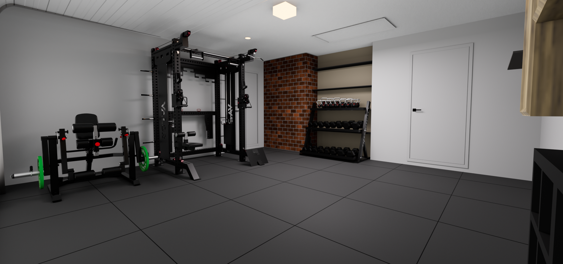 Garage room home gym 3D design and custom equipment layout, rendered in Cinema 4D and Octane