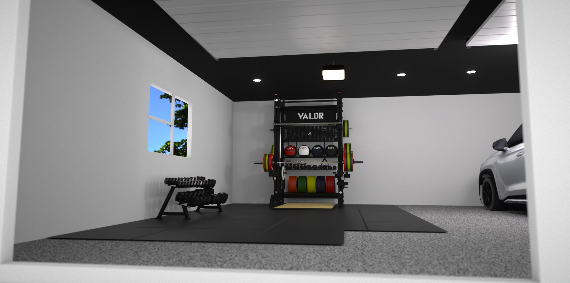 3D Garage home gym 3D design and custom equipment layout, rendered in Cinema 4D and Octane