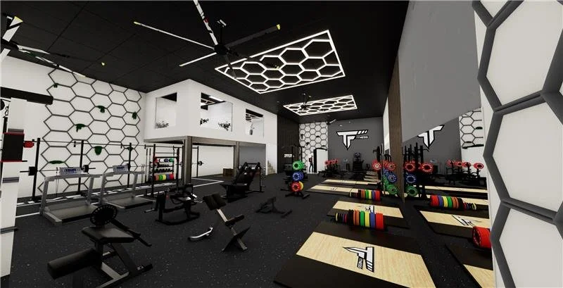 Customized commercial gym 3D design and equipment layout, rendered in Cinema 4D and Octane