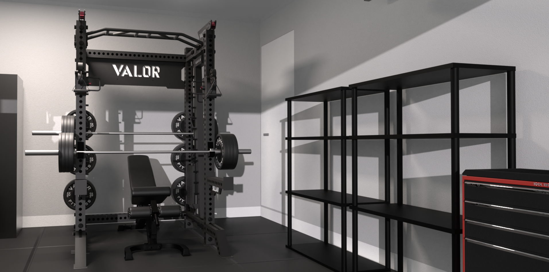 Small garage custom home gym 3D design and custom equipment layout, rendered in Cinema 4D and Octane