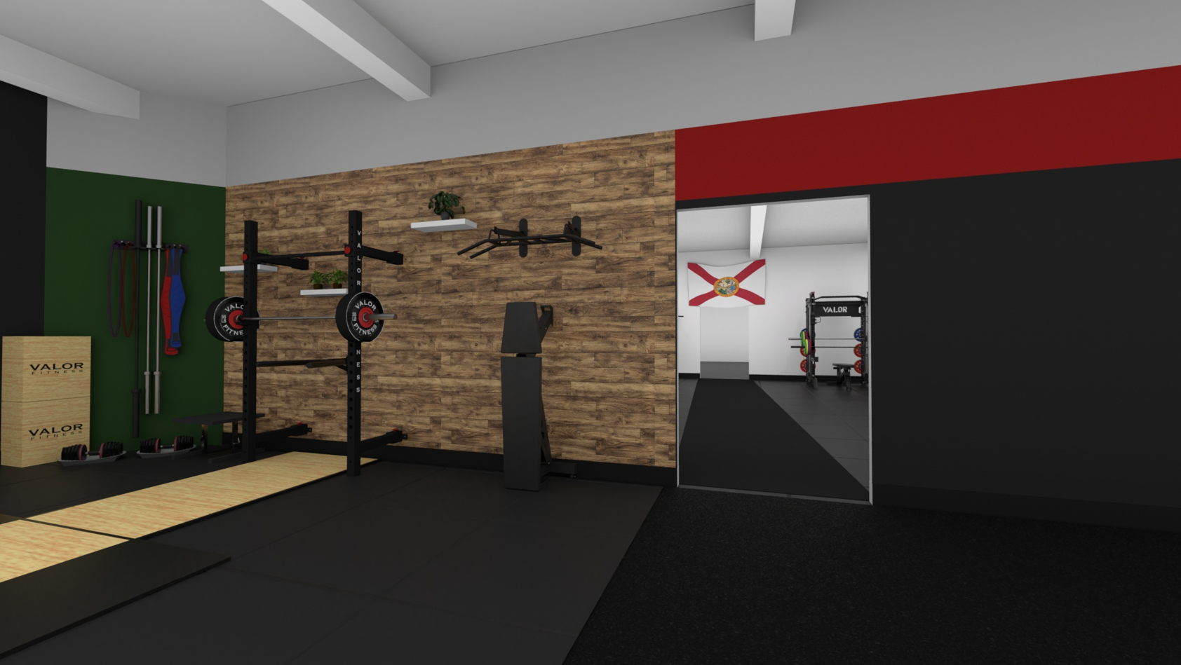 Display showcase commercial gym 3D design and equipment layout, rendered in Cinema 4D and Octane