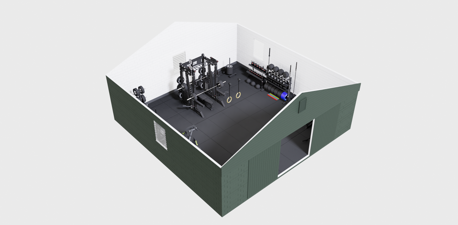 3D barn gym 3D design and custom equipment layout, rendered in Cinema 4D and Octane