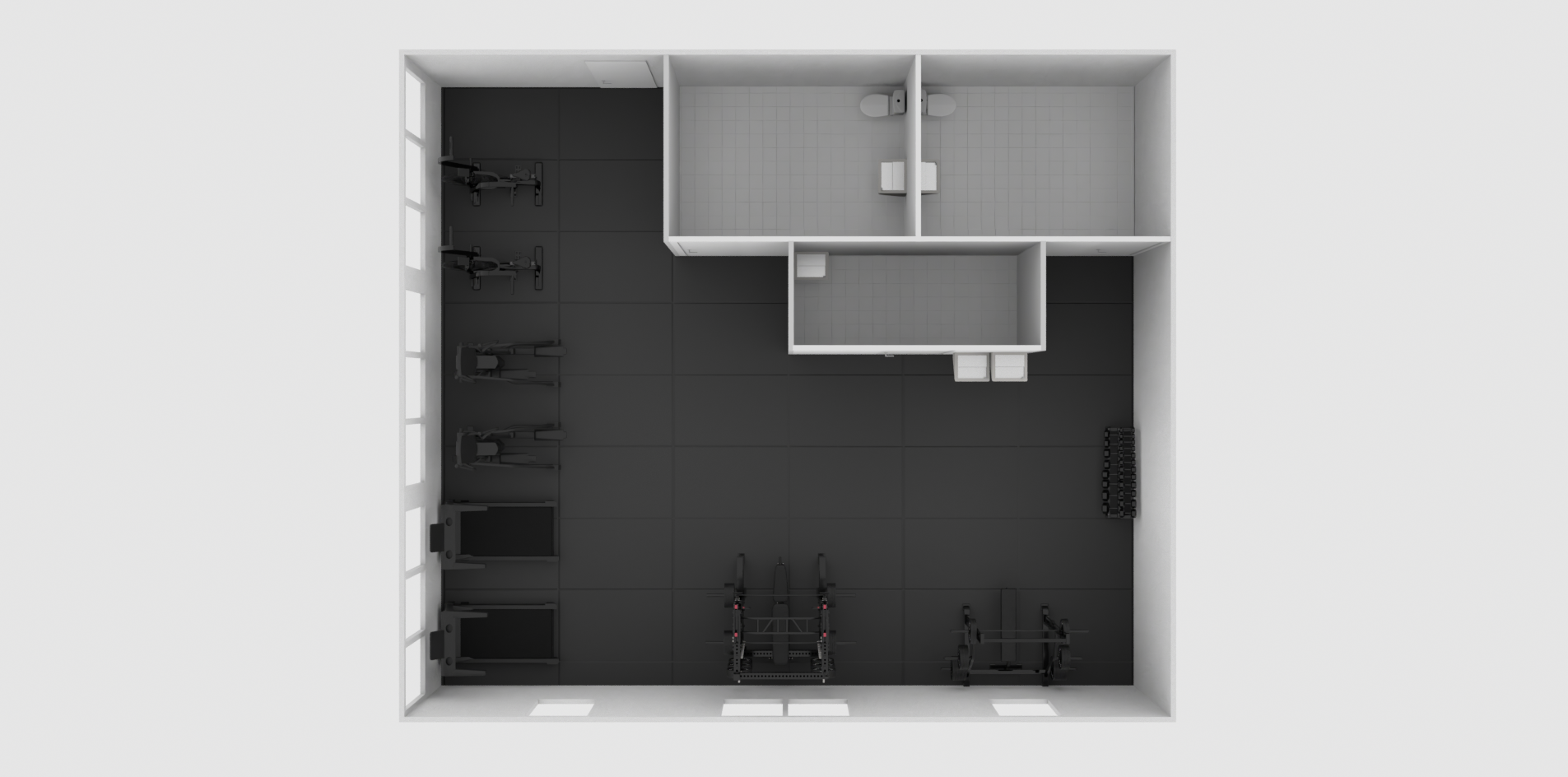 Office commercial gym 3D design and equipment layout, rendered in Cinema 4D and Octane