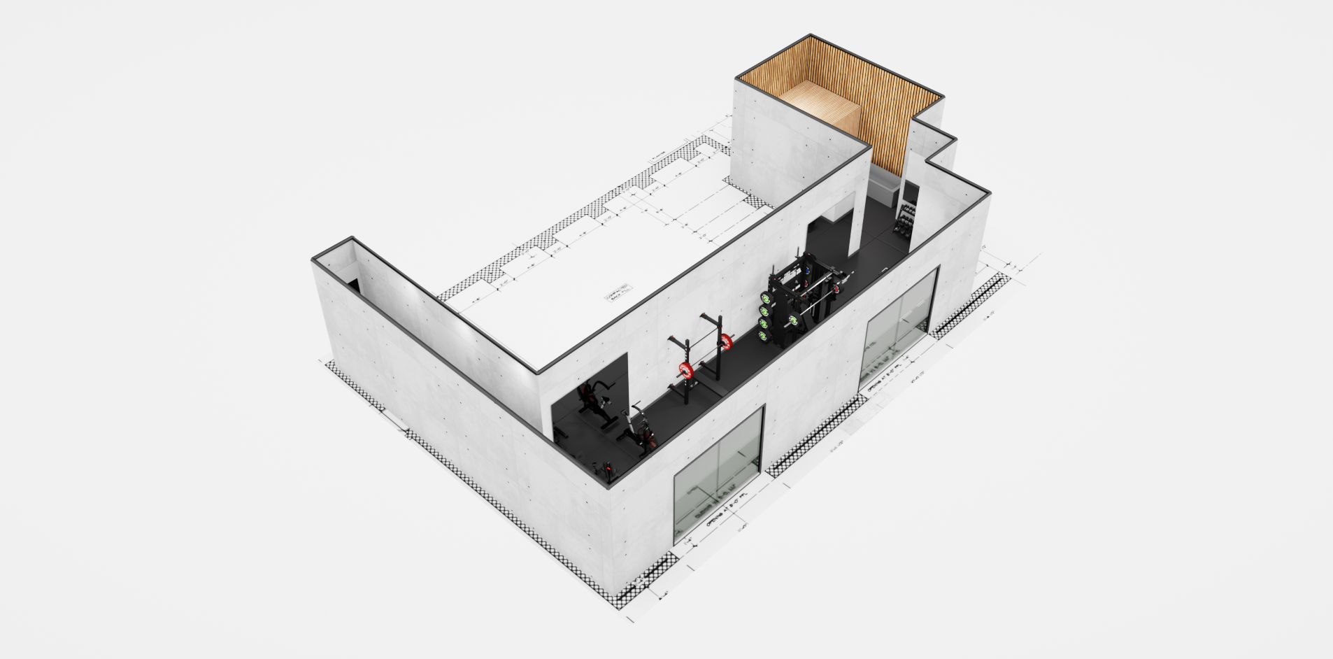 High-end 3D home gym 3D design and custom equipment layout, rendered in Cinema 4D and Octane