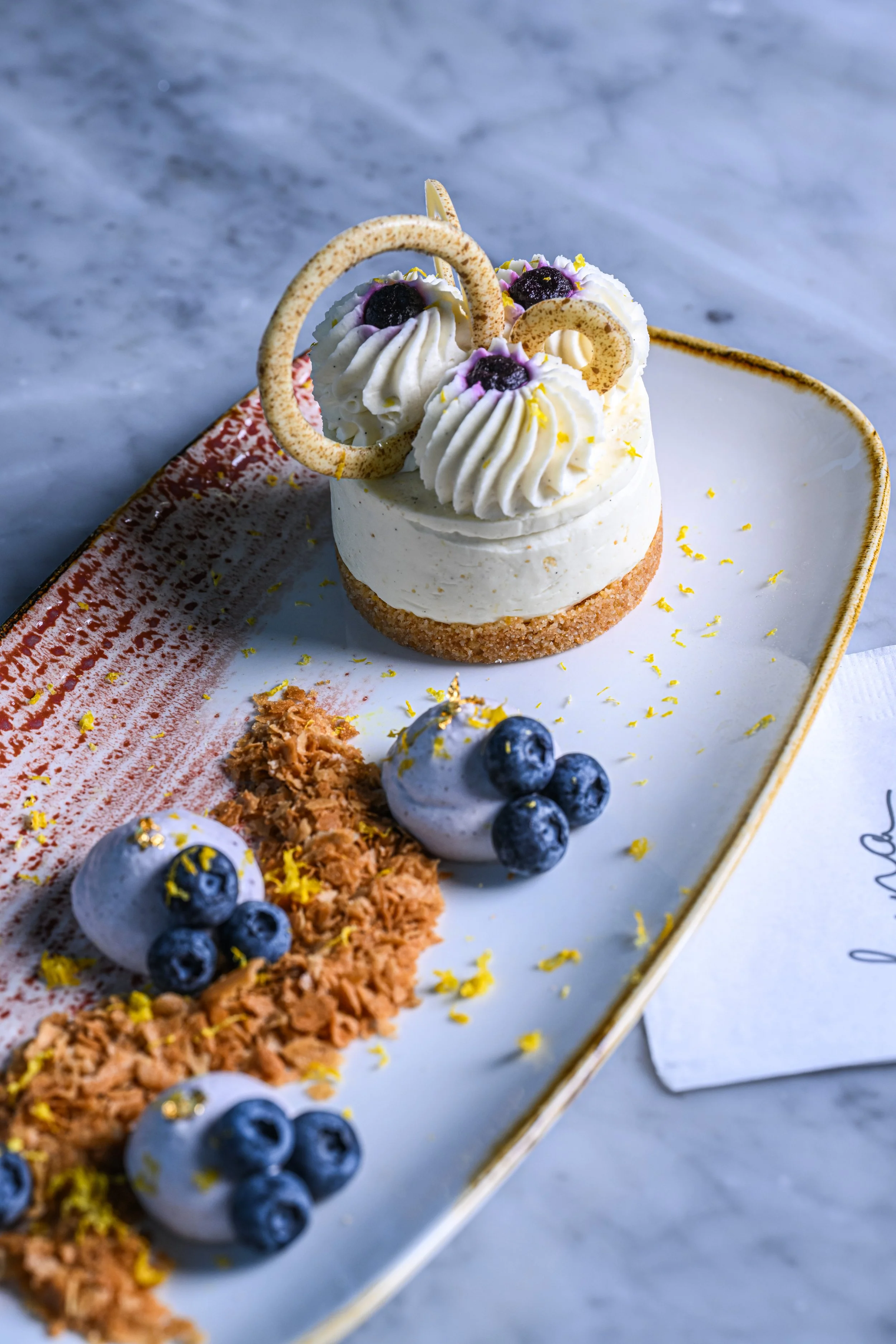 A dessert plate with a small round cake topped with piped whipped cream, blueberries, and decorative cookie wafers. The plate also includes blueberries, a crumbly topping, and lemon zest, on a white rectangular plate with a floral design.