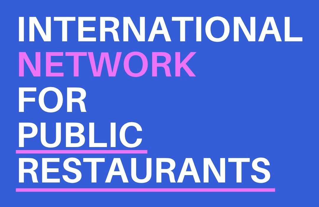 A blue background with white and pink/purple text that says "International Network For Public Restaurants"