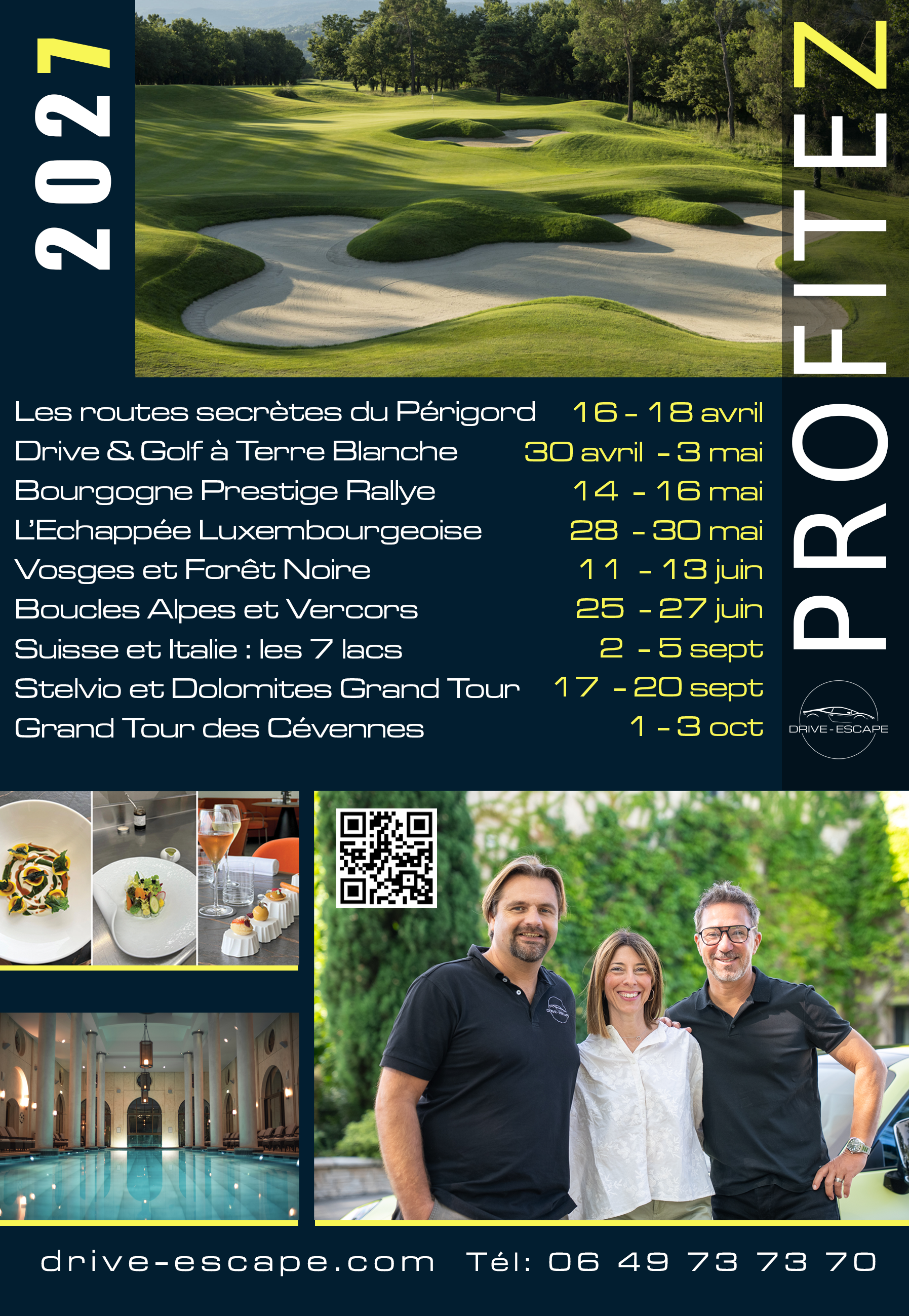 Flyer promotionnel pour plusieurs événements et activités de loisir dans la région du Périgord en France, comprenant un tournoi de golf, des rallyes, des circuits en voiture, des événements pour la Suisse et l'Italie, avec des dates spécifiques. Il montre également des photos de plats gastronomiques, d'un spa intérieur et d'une réunion extérieure avec trois personnes souriantes, et inclut un code QR, un site web et un numéro de téléphone.
