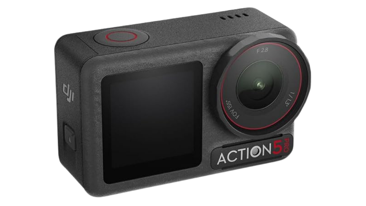 DJI Action 5 camera with black body, large circular lens, F 2.8 aperture, 11.1 MP, and a small LCD screen on the back.