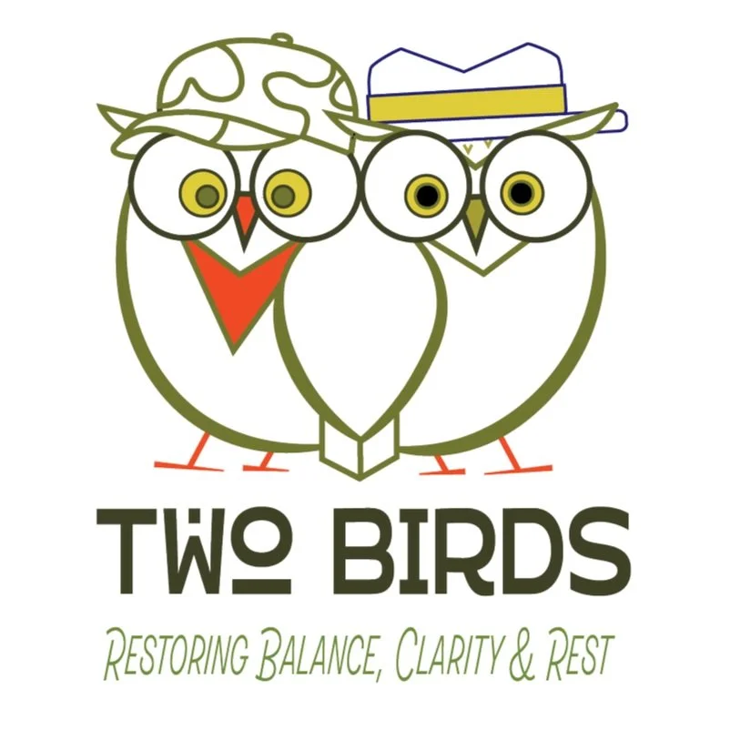 Logo featuring two cartoon owls with glasses and hats, with the text 'Two Birds' and the tagline 'Restoring Balance, Clarity & Rest'.