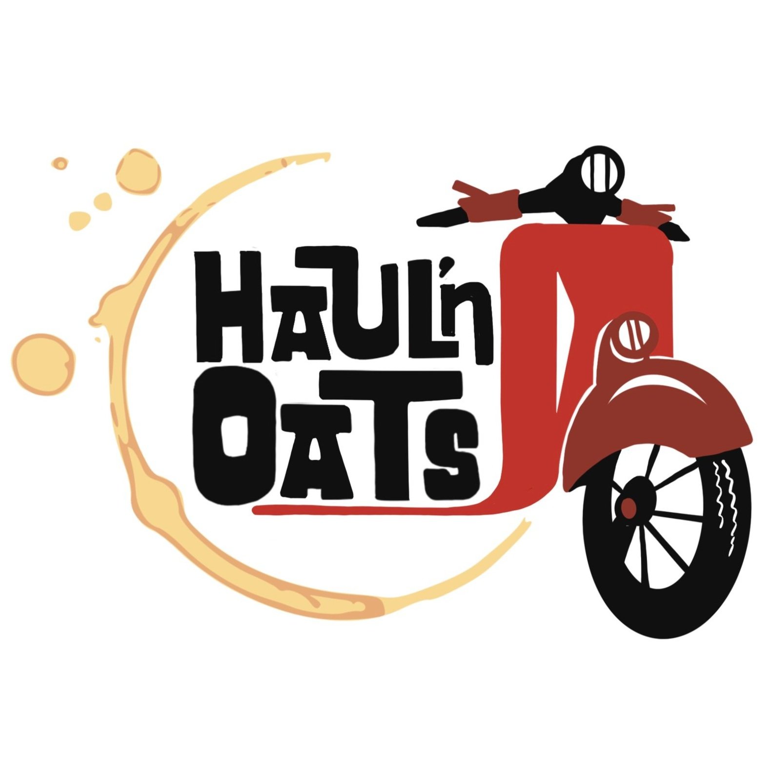 A stylized logo with the words 'Haulin Oats' inside a half-circle coffee stain, with a red vintage scooter on the right side, and a black figure with a circular helmet sitting on top of the scooter, all on a white background.
