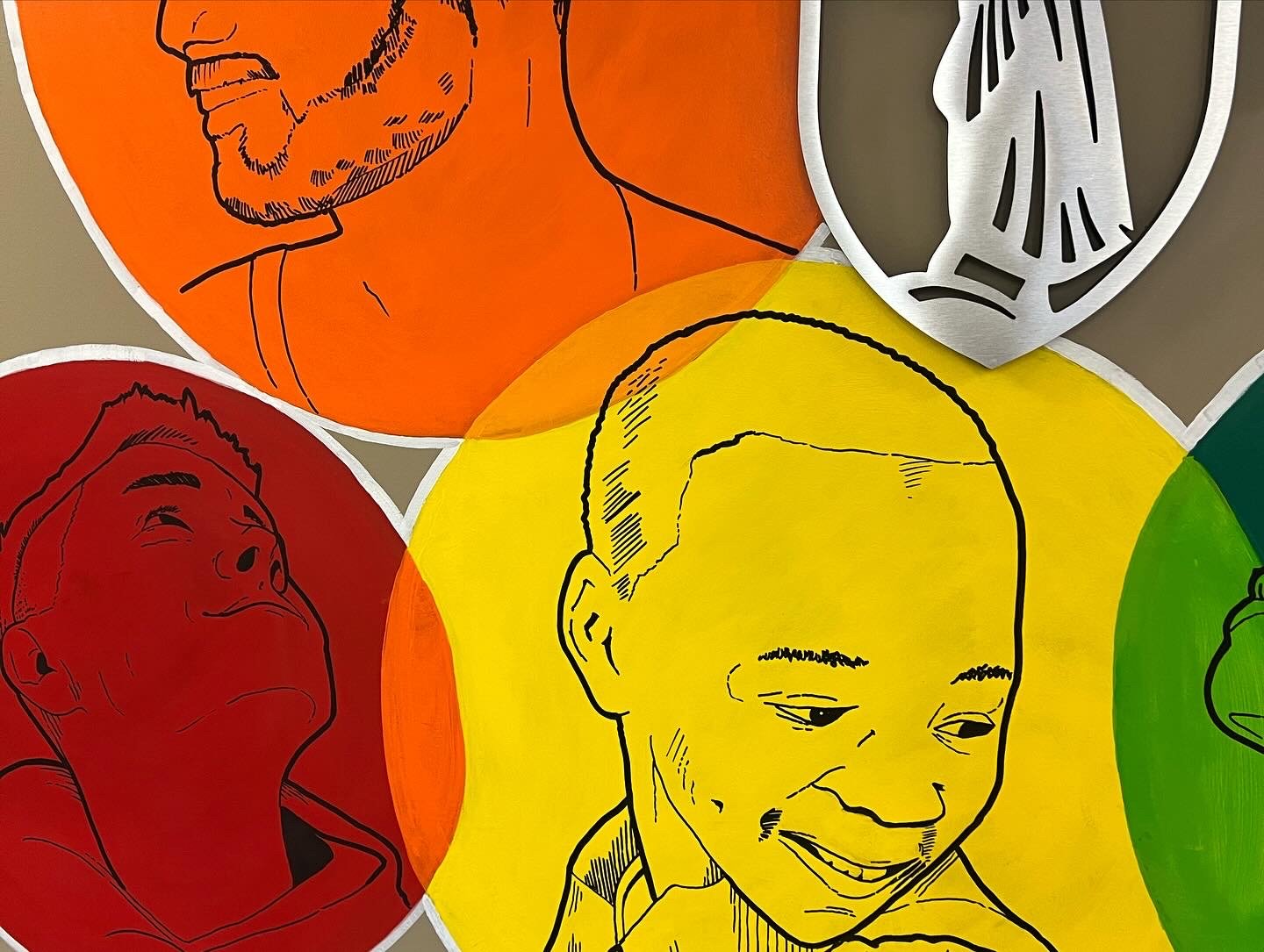 Illustrations of four people with different skin tones, depicted in black outline style on colorful circular backgrounds of red, orange, yellow, and green.
