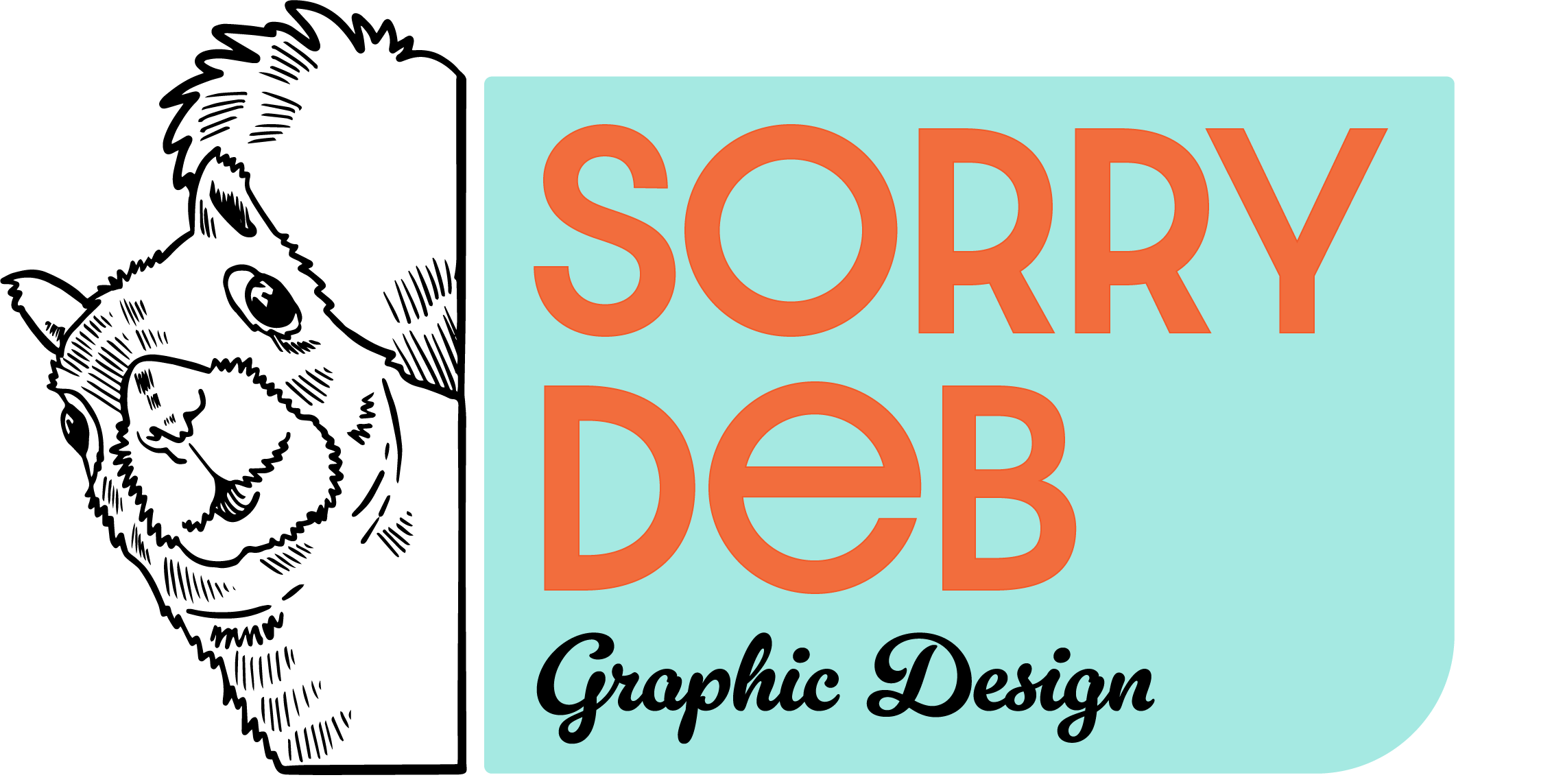 A graphic design logo with a turquoise background, featuring the text "SORRY DEB" in large orange letters and "Graphic Design" in black cursive at the bottom.