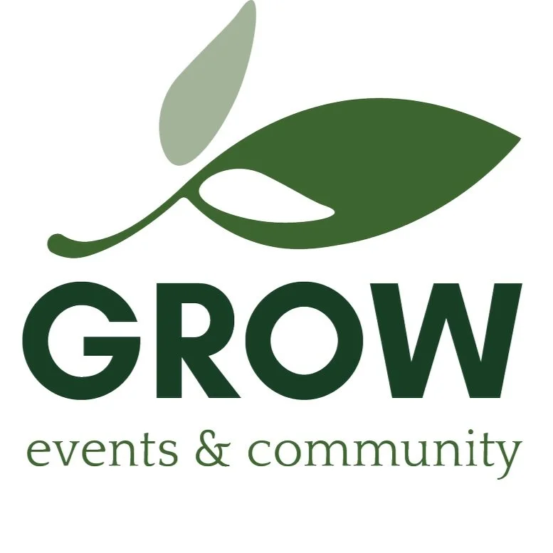 Logo featuring a stylized green plant with two leaves above the words "GROW events & community" in green text.