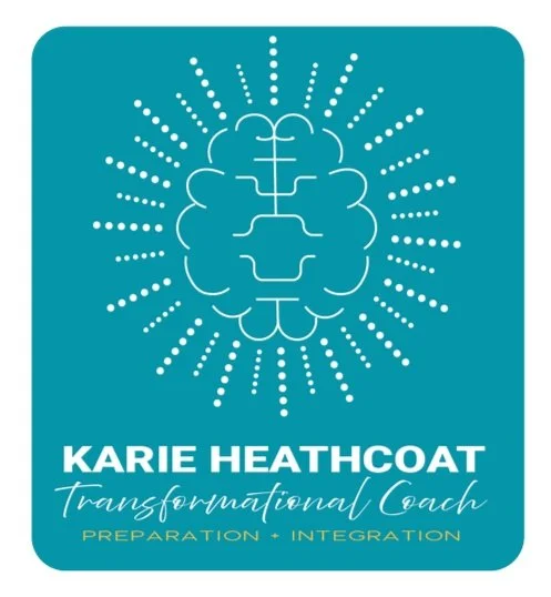Logo for Karie Heathcoat, featuring a stylized brain with radiating lines, with text that reads 'Karie Heathcoat, Transformational Coach, Preparation + Integration'.