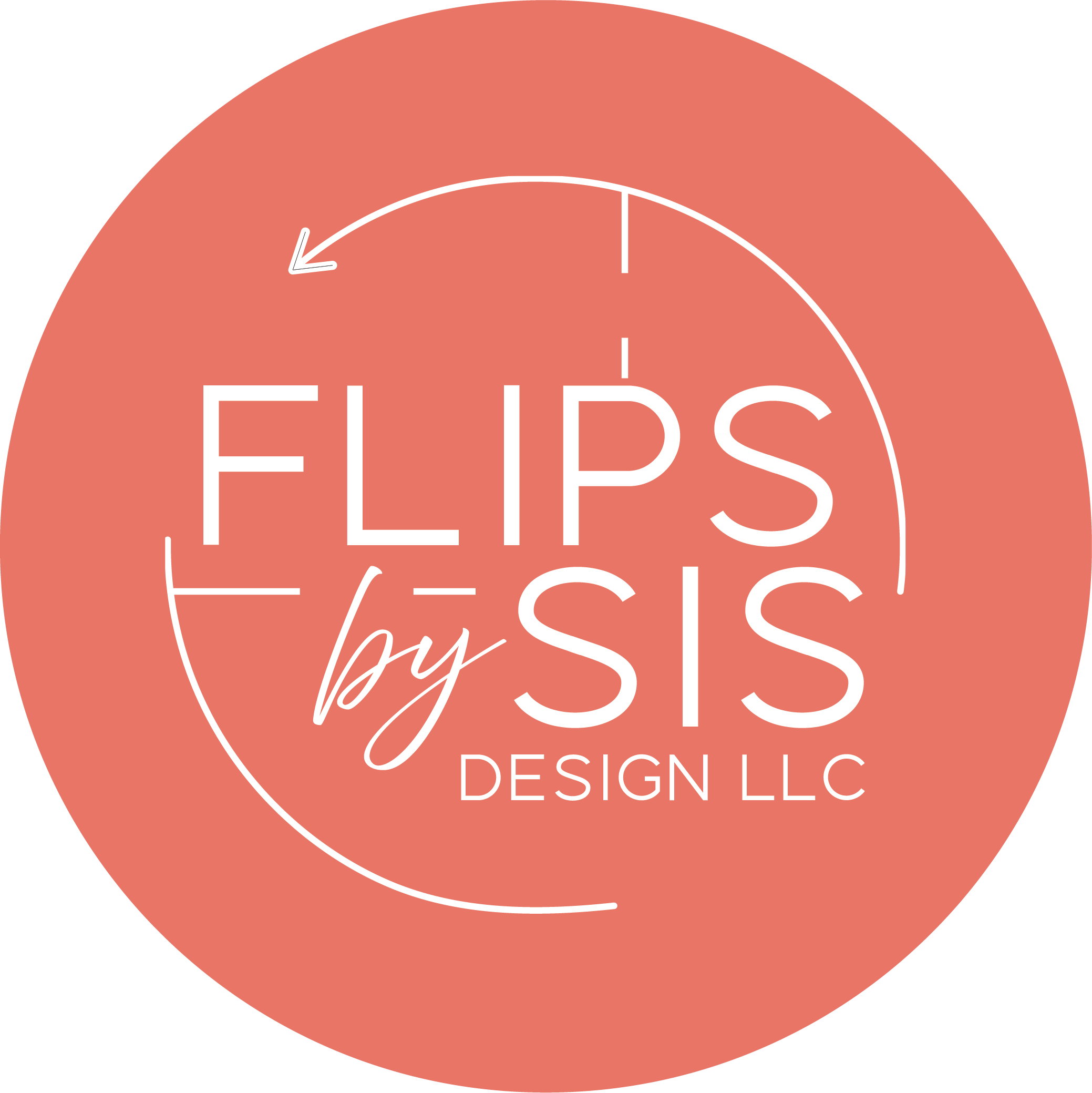 A circular logo for Flips by SIS Design LLC with coral background, white text, and a partial clock outline.