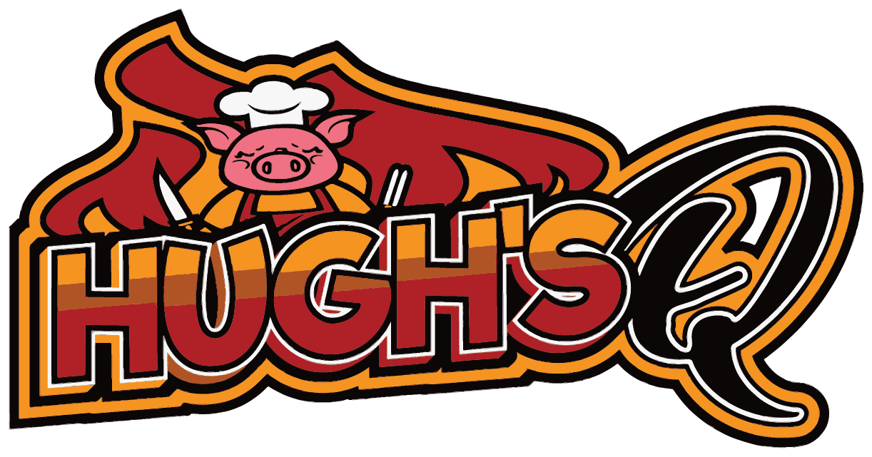 Logo of a restaurant named 'Hugh's' with a cartoon pig wearing a chef's hat, holding a fork and knife, with flames in the background.
