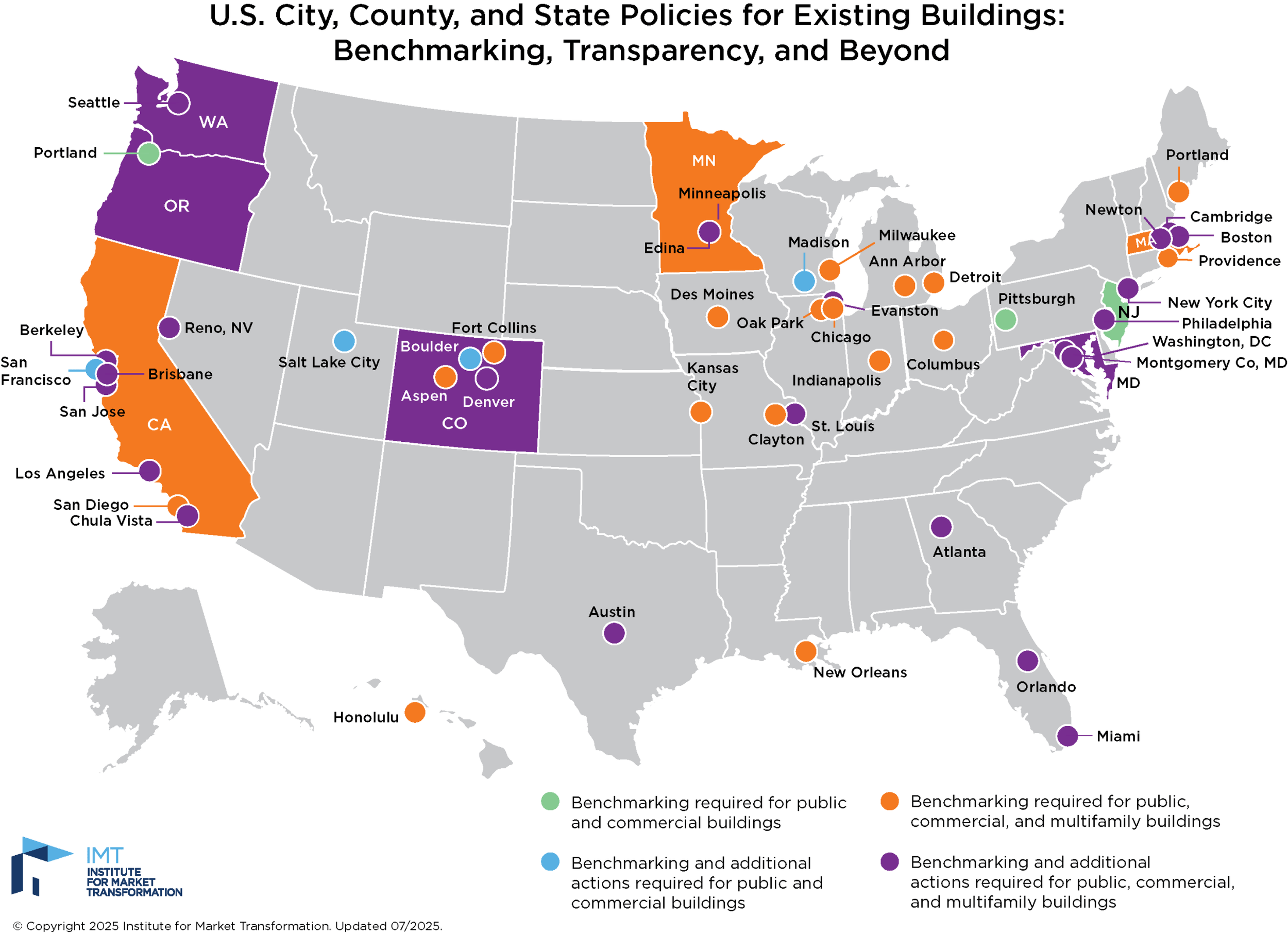 Map of the United States showing all mandatory energy benchmarking ordinances and Building Performance Standards across cities, counties, and states.