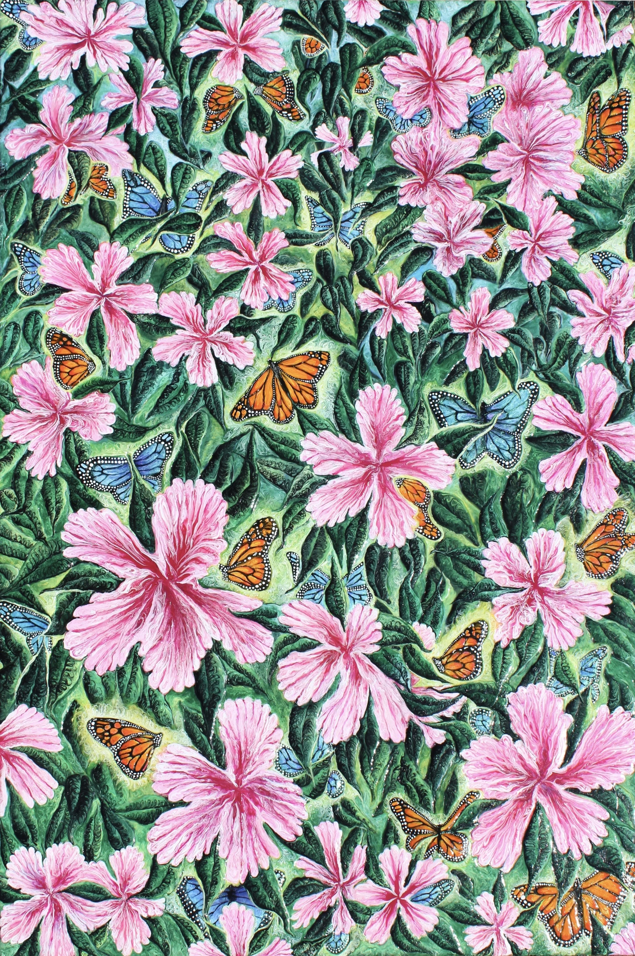 monarch butterfly, hibiscus, plumeria painting.jpeg
