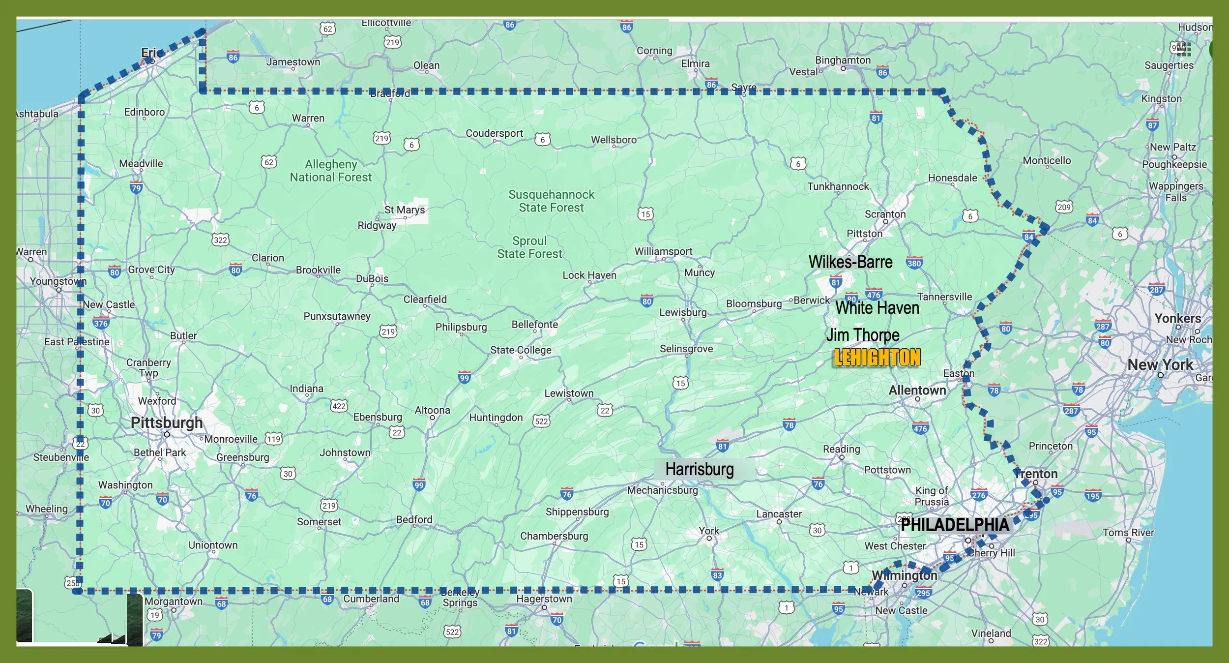 Map of Pennsylvania showing a route passing through major cities including Philadelphia, Trenton, Leighton, Wilkes-Barre, Harrisburg, Pittsburg, and Erie, with an inset of a small route snippet in the lower-left corner.