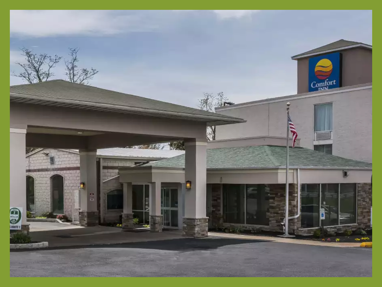 Comfort Inn hotel with an entrance canopy, American flag, and parking lot.