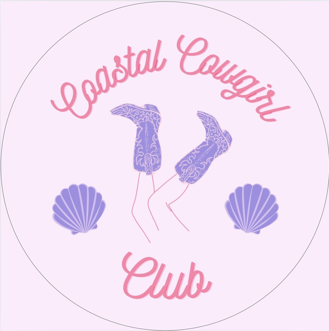 Illustration with text 'Coastal Cowgirl Club' featuring cowboy boots and seashells.