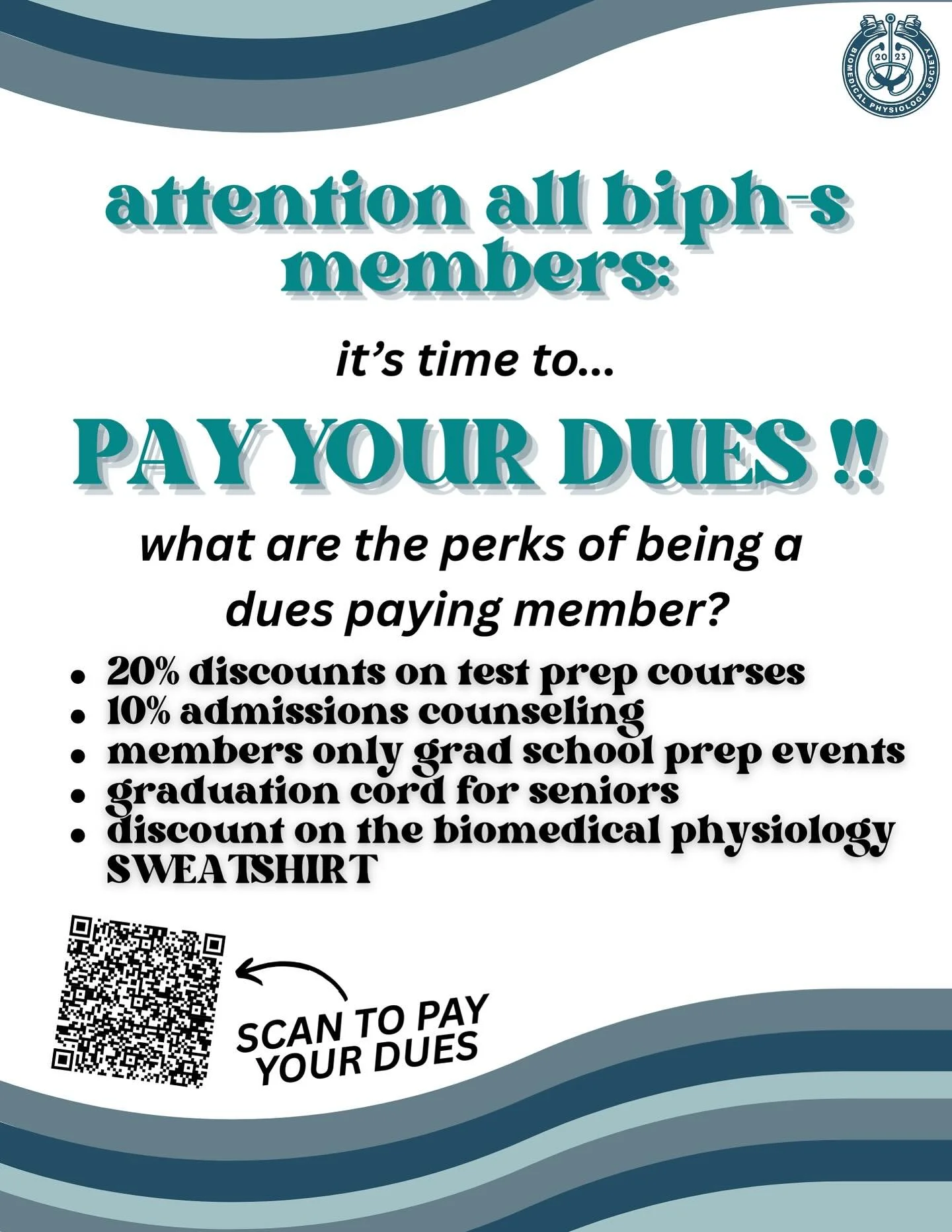 Good afternoon y&rsquo;all!

Dues are offically open! For $25, you can be an official Biomedical Physiology Dues Paying Member! 

What does that mean? Why should you care? 

Well, it comes with a whole bunch of really cool perks including but not lim