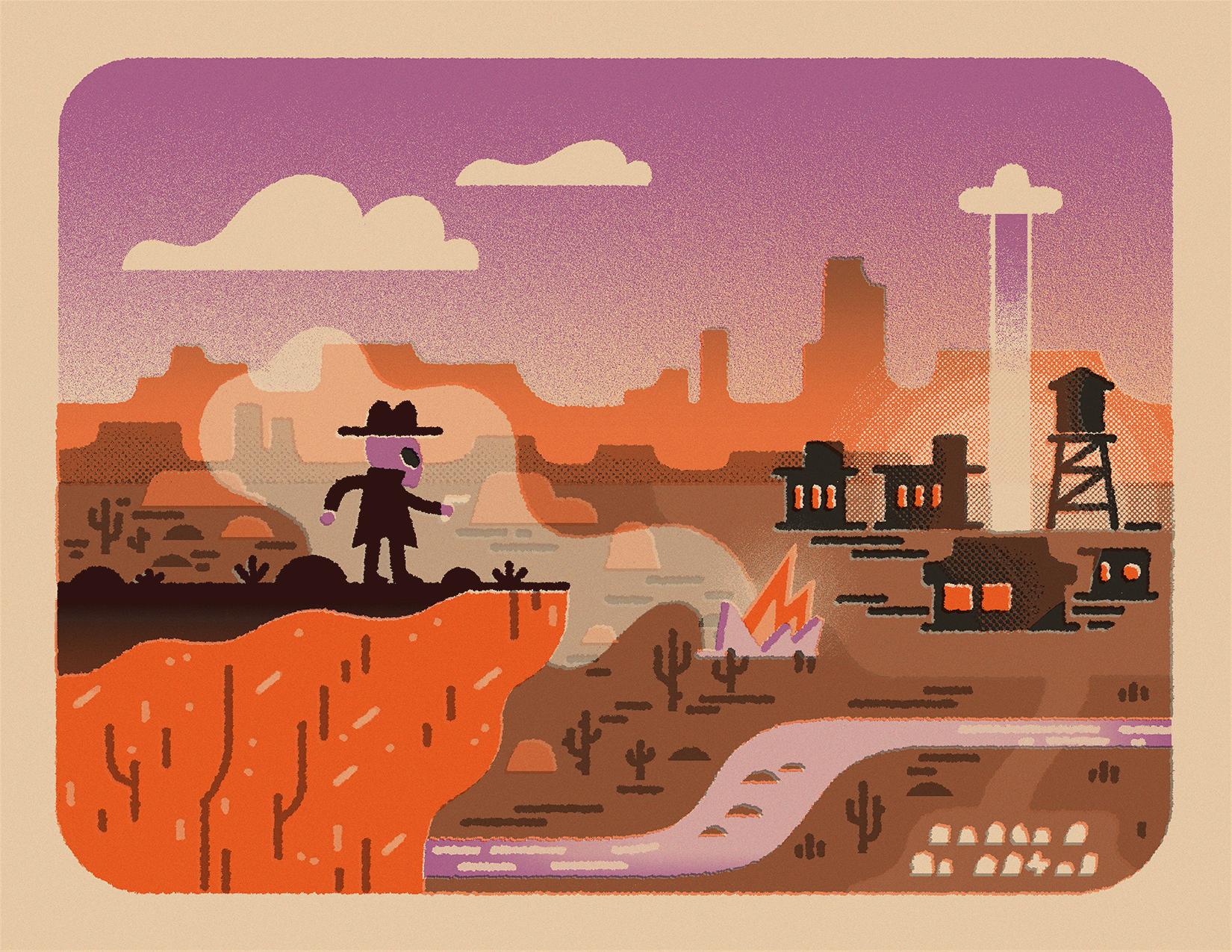 Desert landscape with a cowboy silhouette, cacti, a small campfire, and a distant town with buildings, smokestacks, and a water tower under a purple and orange sunset sky.
