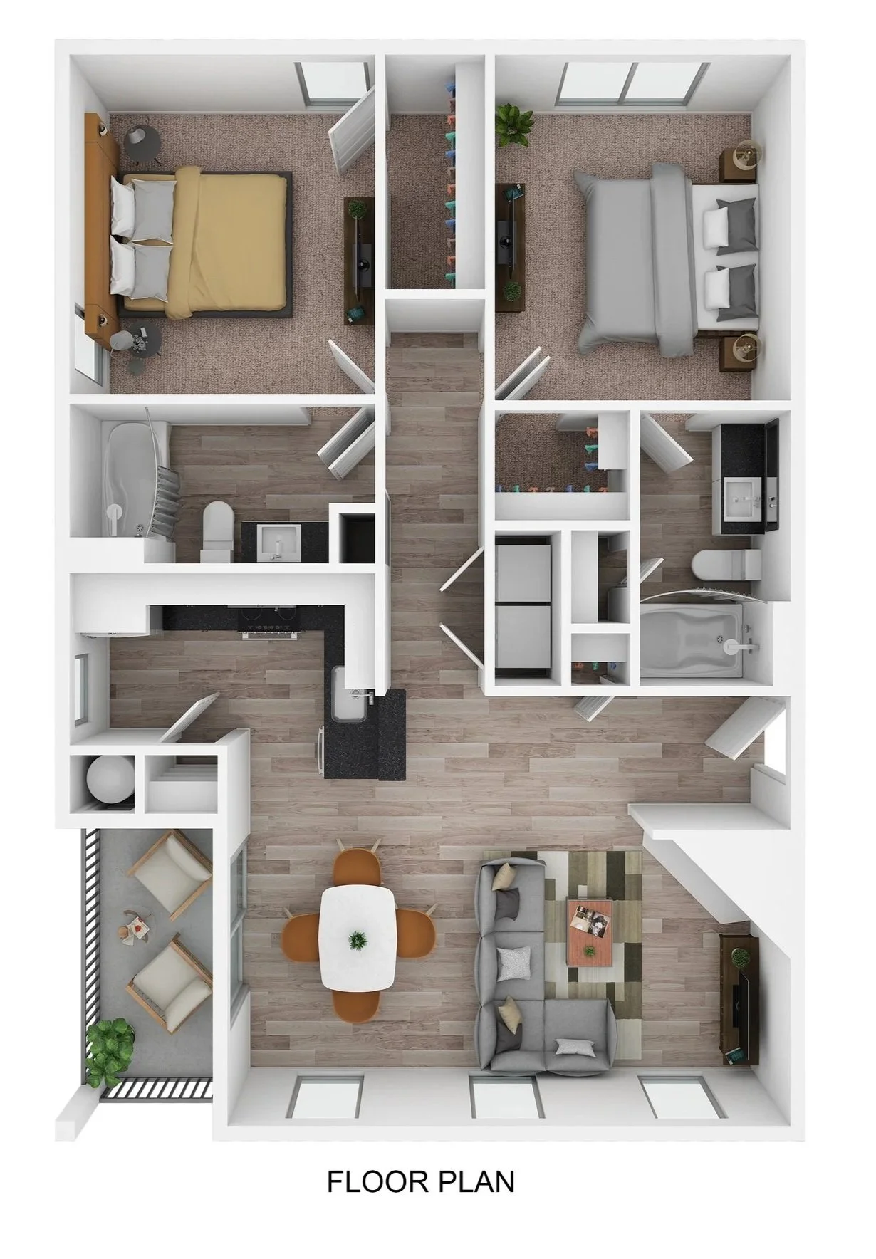 Top-down view of a modern apartment layout with bedrooms, bathrooms, a kitchen, dining area, and living room.
