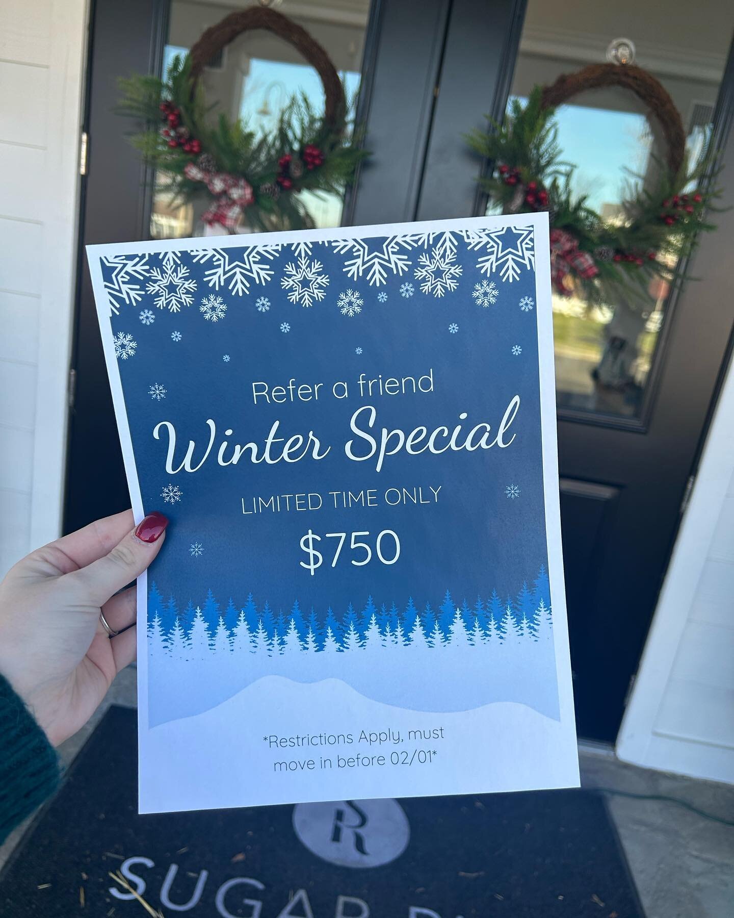 Have you heard of our Holiday special? ✨❄️

Refer a friend to Sugar Run today, to take advantage of this special.
 
#sugarrunapartments #sugarrun #apartmentcommunity #holidayseason