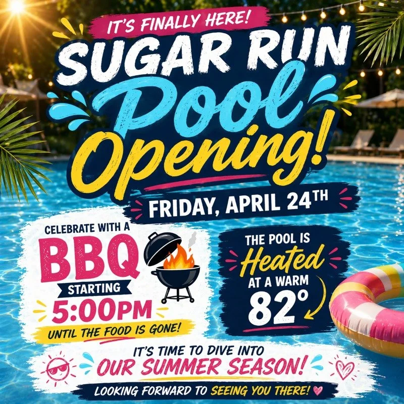 ☀️ SPLASH INTO SUMMER AT SUGAR RUN! 🌊

The wait is over&hellip; the pool is officially OPENING tomorrow and is ready for you! 💦
Join us as we kick off the season with sunshine, good vibes, and great food!

🔥 BBQ starts at 5:00 PM &ndash; come hung