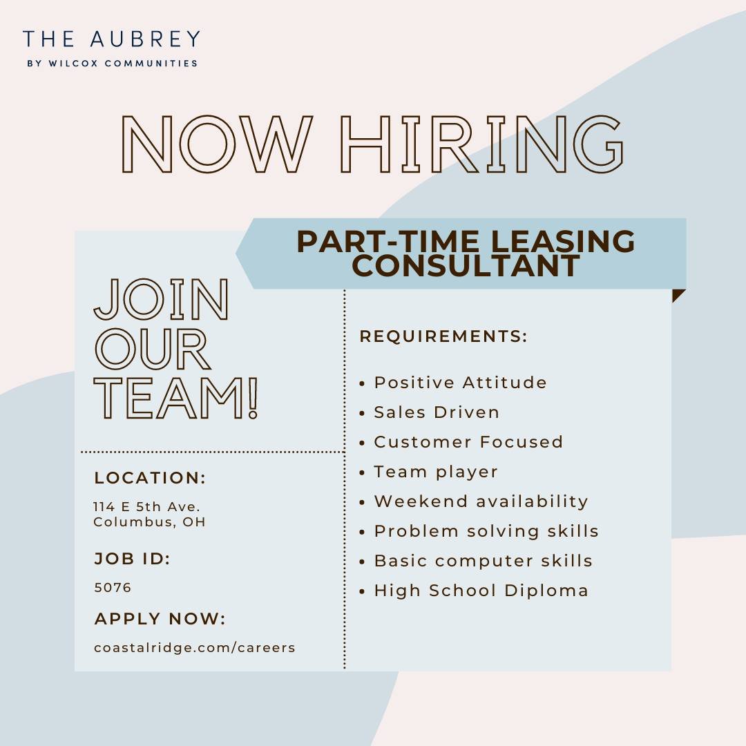Interested or know someone that is looking for a part time position? Our team is hiring a part time leasing consultant to assist with The Aubrey and Jacqueline! Head to www.coastalridge.com/careers and type '5076' into the job ID to learn more about 