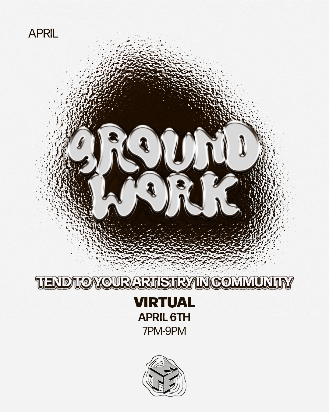 "groundwork" in silver fluid chrome font over a dark brown frosted glass textured bubble. event details overlaid for virtual