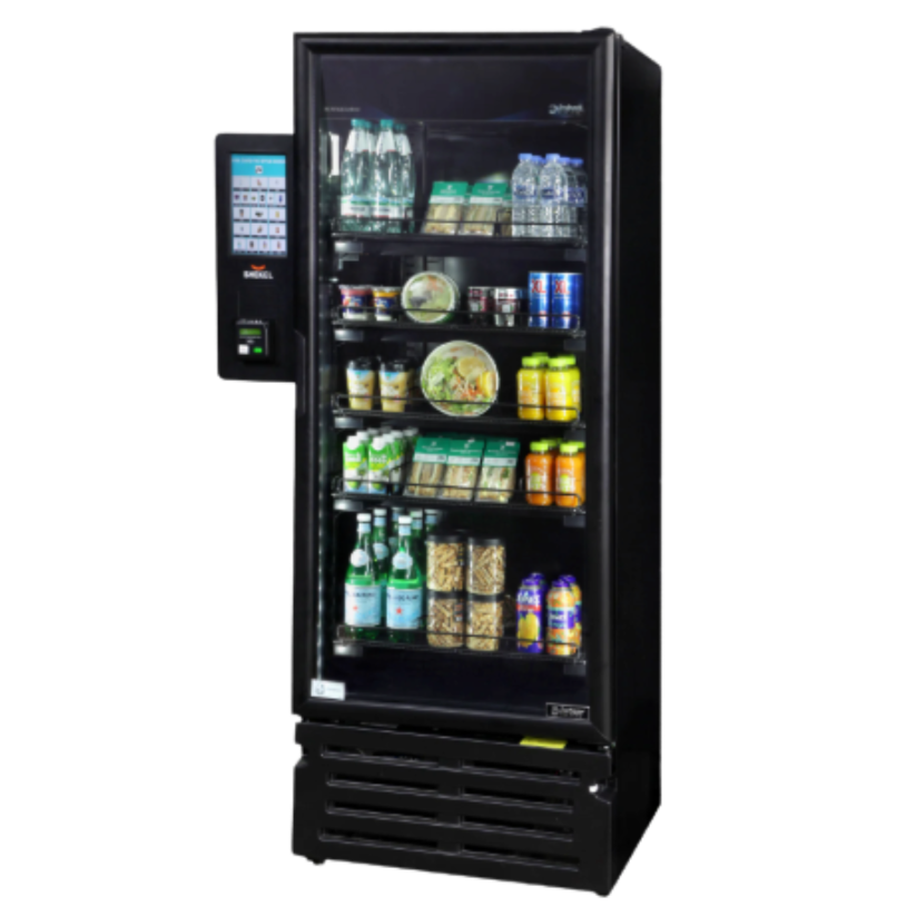 A black vending machine filled with bottled water, canned beverages, packaged salads, yogurt, snack items, and juices.