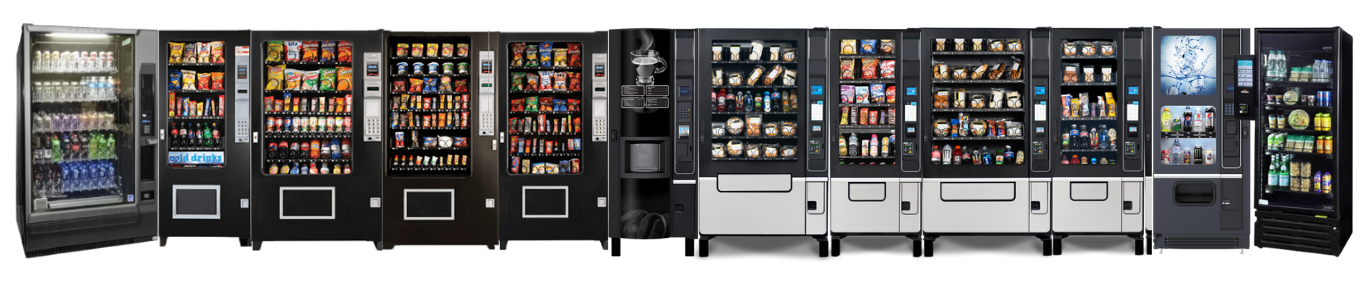 Row of vending machines: Vendo, AMS, Evoke, Mercato, Shekel, Due North