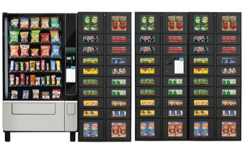 Vending machine with snacks and drinks. The left side has chips and candy bars, while the right side has snack bags and boxed snacks.