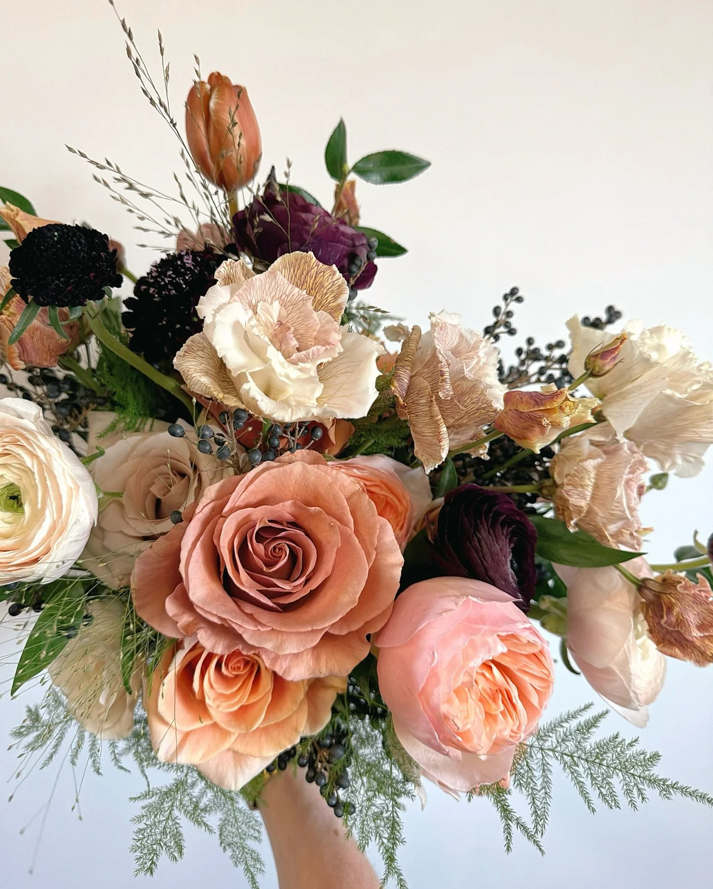 Hello gorgeous!! 🤩 This earthy textural bouquet includes peachy david austin roses, fluffy scabiosas, ruffled ranunculus .. but I think my favourite ingredient is the delicate dyed lisianthus - the exposed intricate veining on the petals just has me