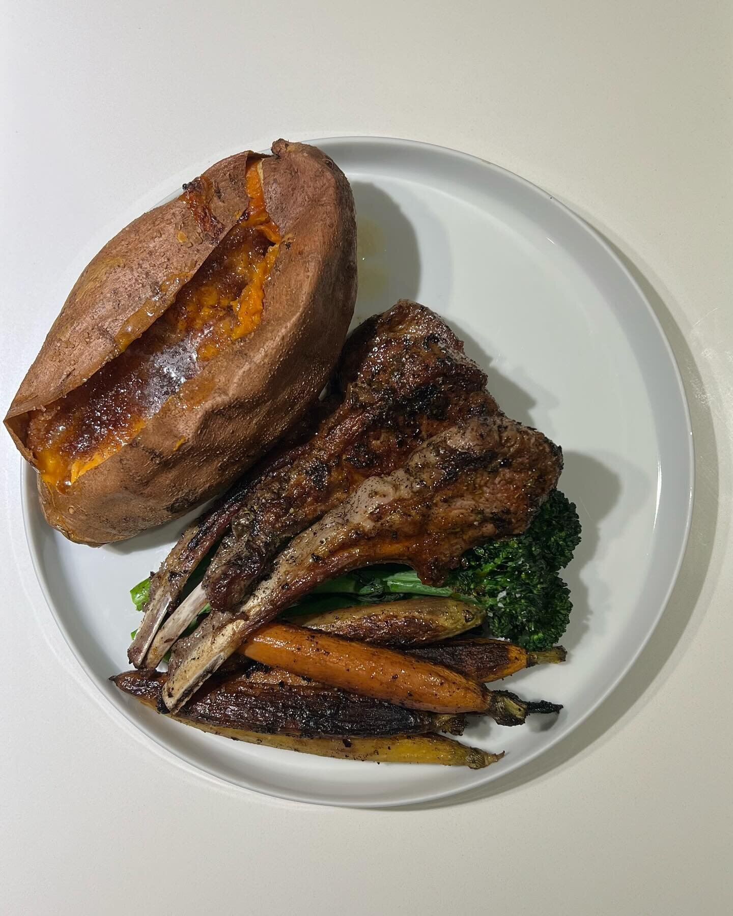 very simple grown ass meal. when i east like this i know i&rsquo;m an adult. grilling the lamb chops, carrots and broccolini in the same cast iron skillet was my best decision that day. we love a single pan meal. i&rsquo;ll post a loaded sweet potato
