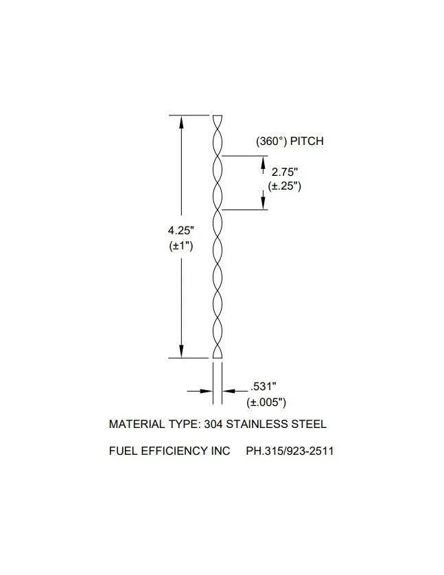.531" W For .58"-.61" ID Heat Exchanger - Twisted Tape Turbulator