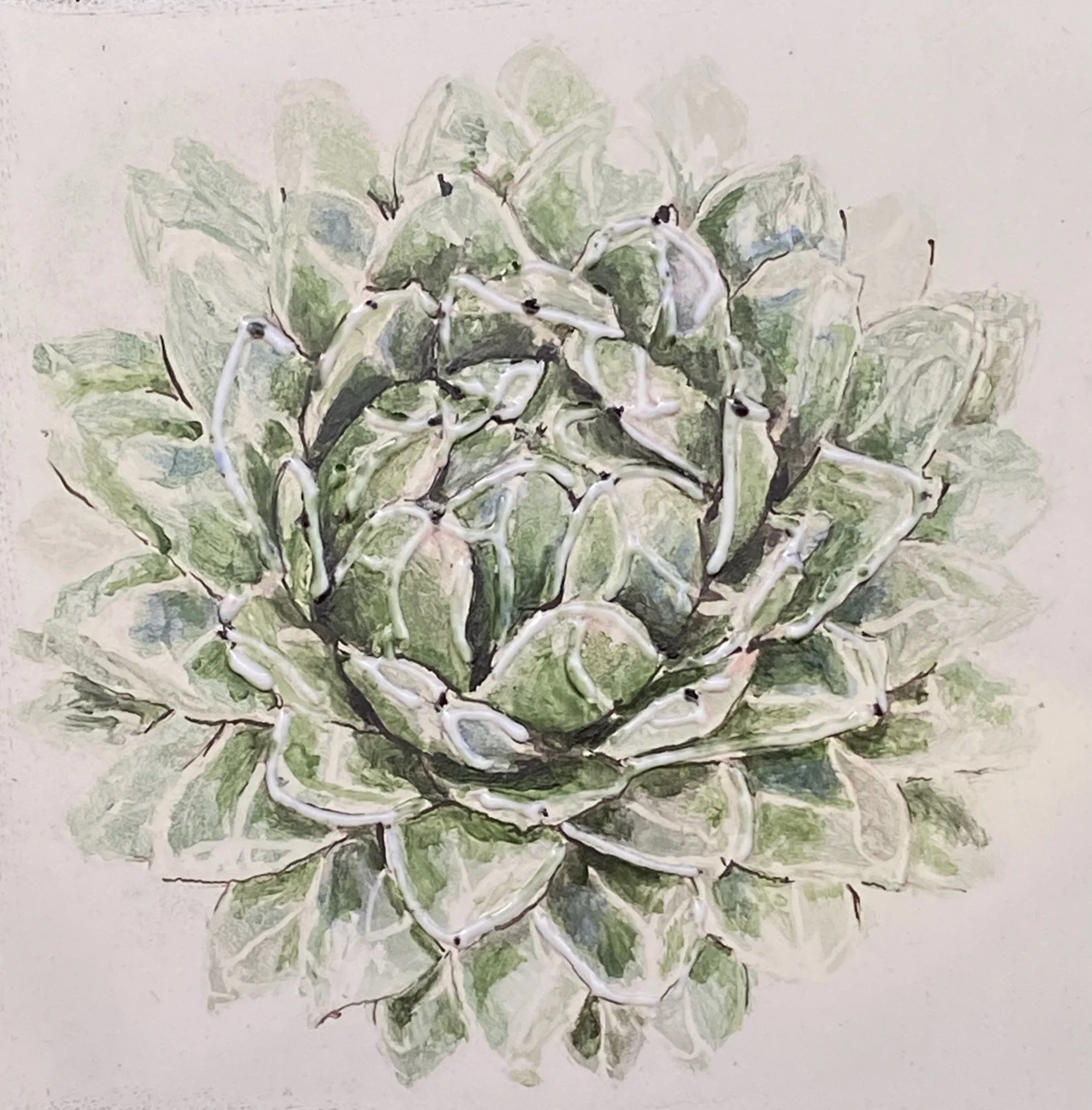Agave succulent with white striped markings, formed in glass stringers on steel