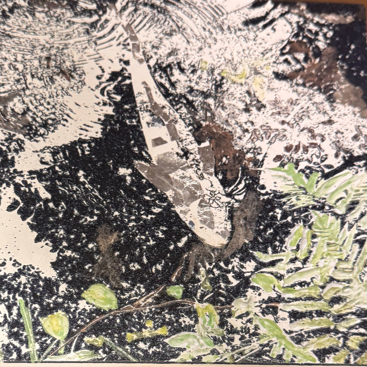 The second enamel layer of the fish in the pond, captures the impasto and foil highlight layers