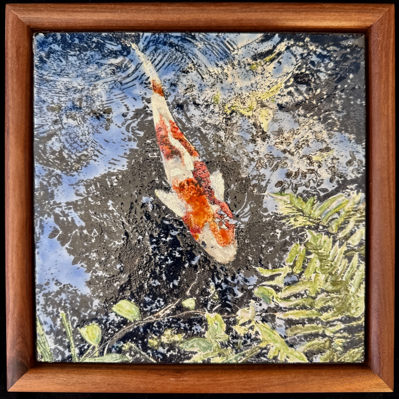Enamel artwork of a single fish shimmering under rippling water, on reclaimed steel