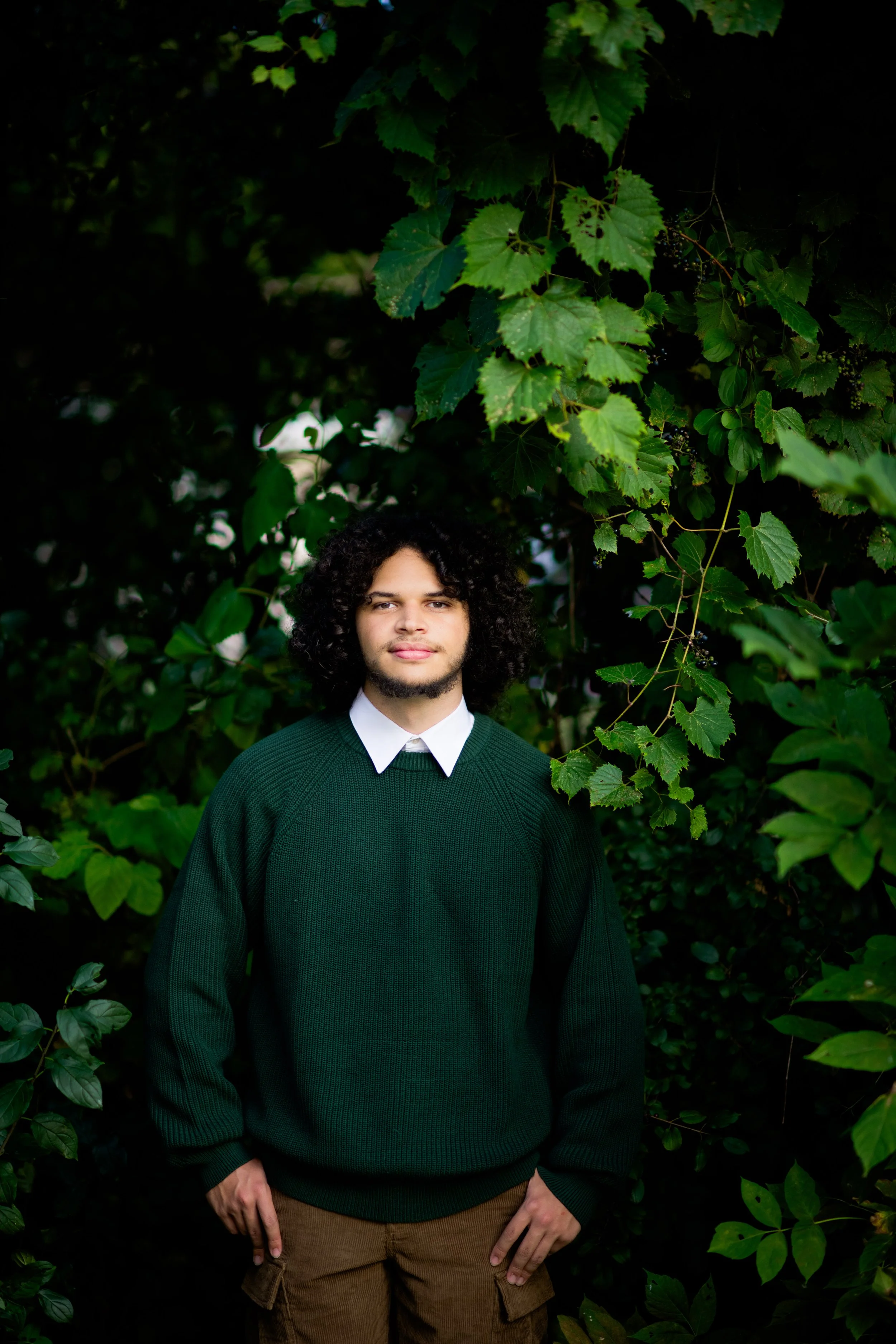 senior guy green sweater green bushes.jpg