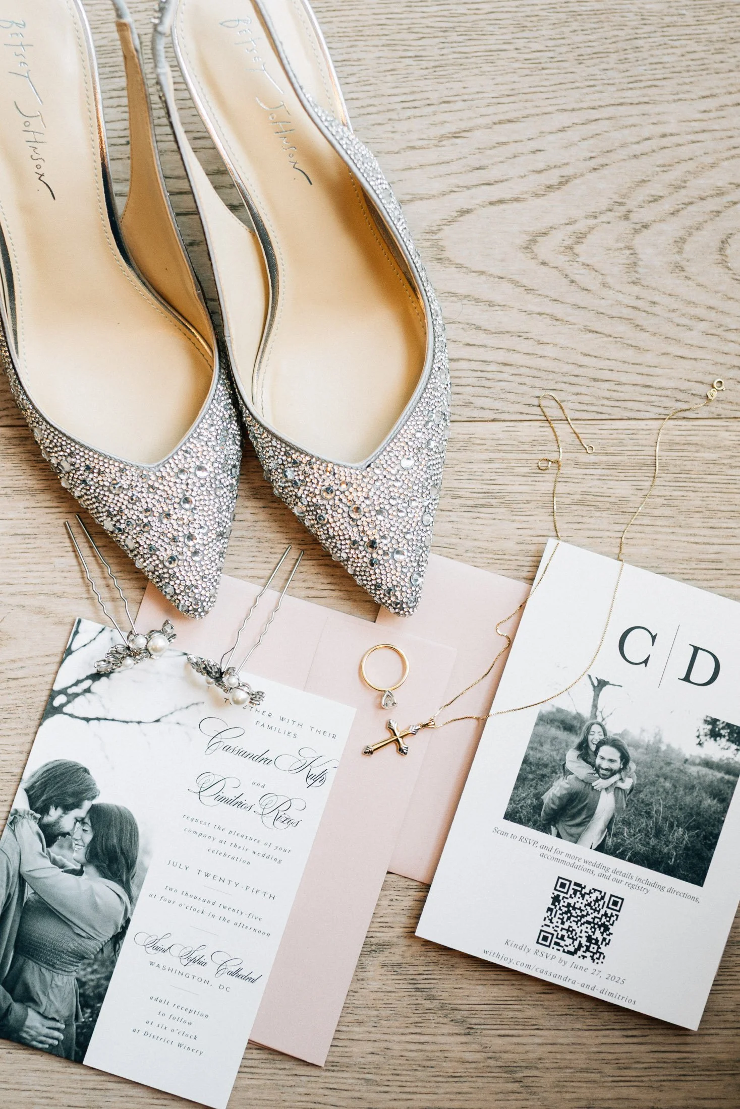Wedding invitation suite with bridal shoes, jewelry, and ceremony details for Washington DC wedding