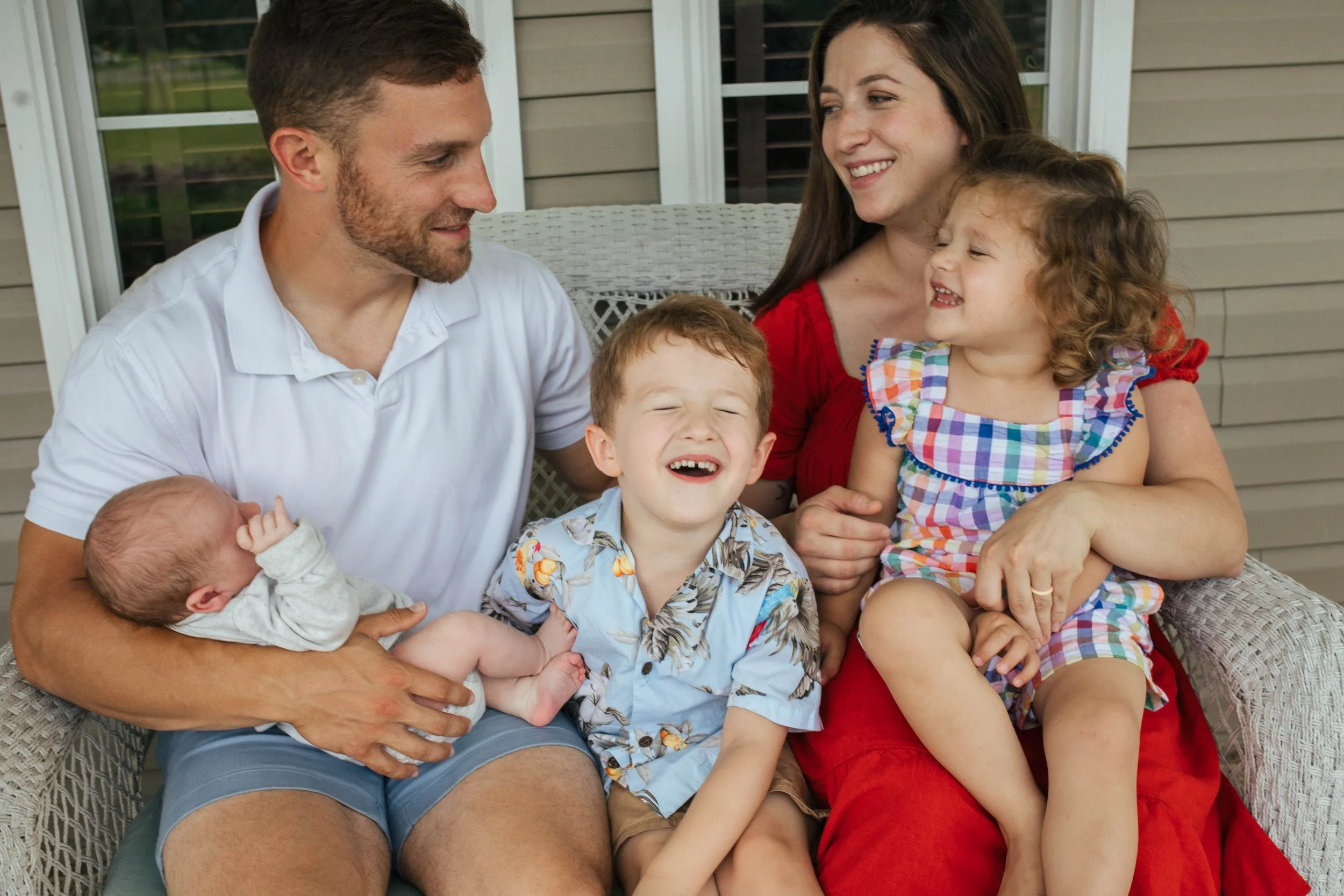 Candid lifestyle newborn family session on home porch, Northern Virginia — Amanda Kahnell Photography