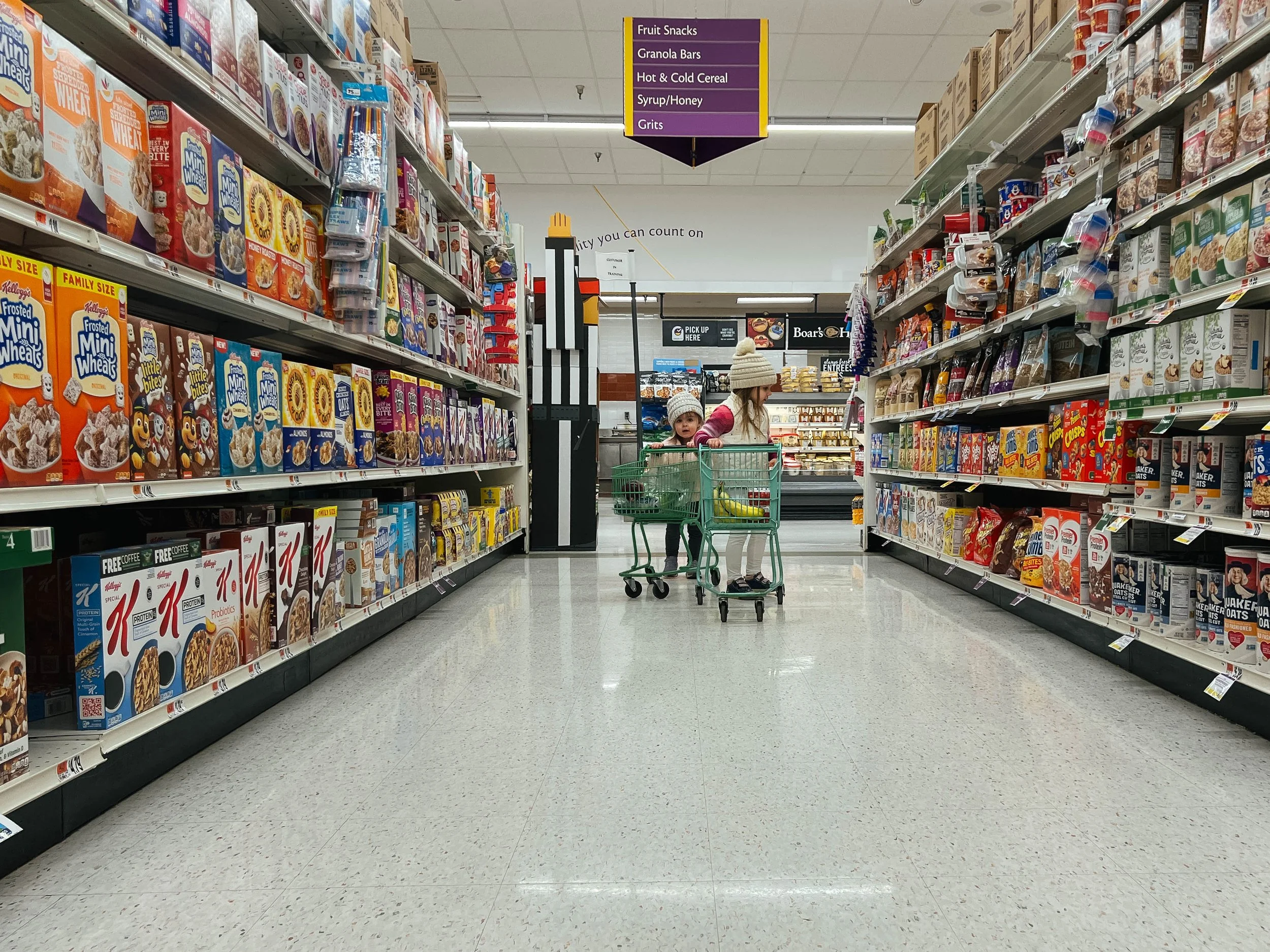 Two young girls shopping in a grocery store aisle, looking at cereal boxes. They are wearing winter hats and jackets, and one girl is in a green shopping cart. The aisle has cereal boxes on both sides and a purple sign hanging from the ceiling listin
